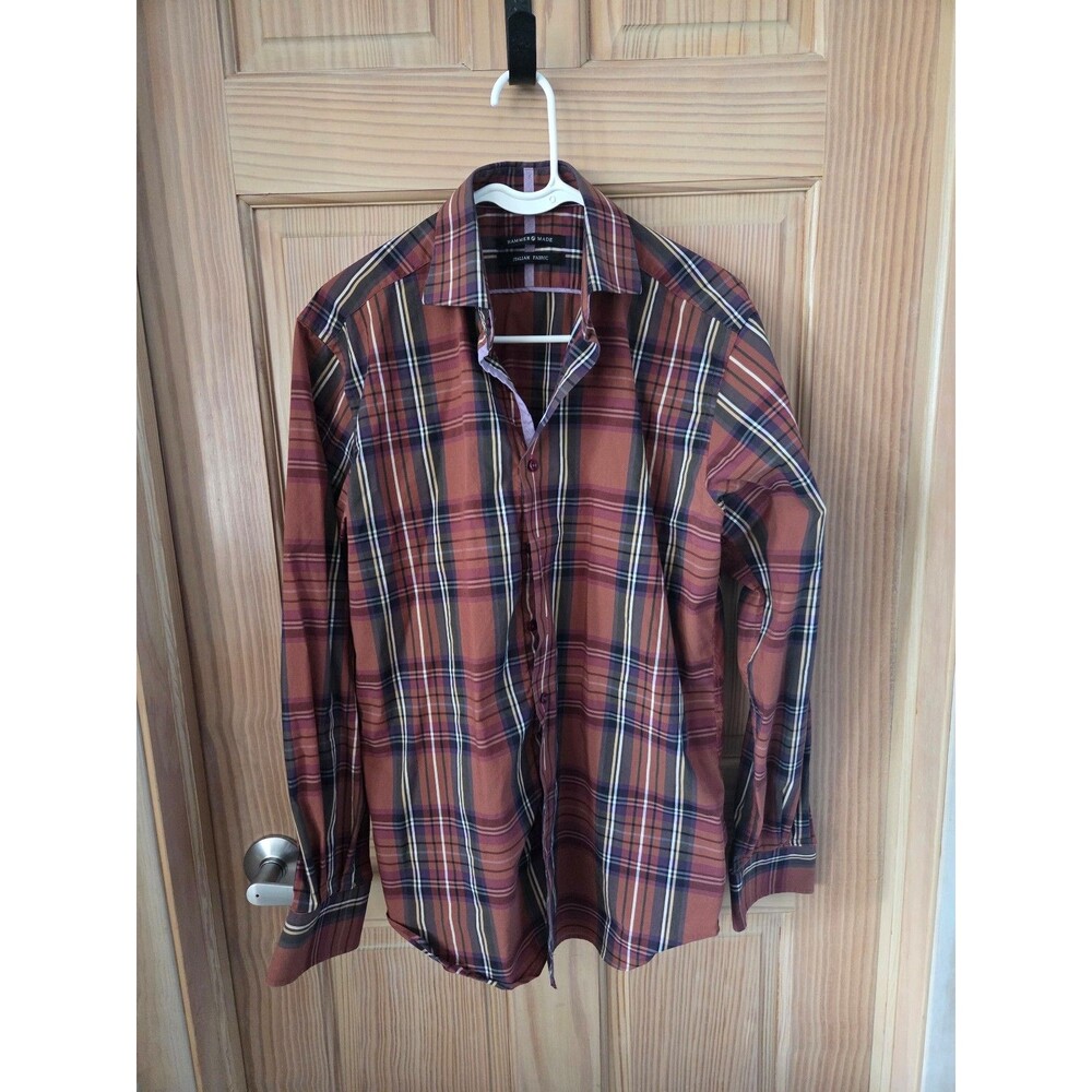 Hammer Made Men Brown Blue Plaid Button Down Long Sleeve Dress Shirt 39 15.5